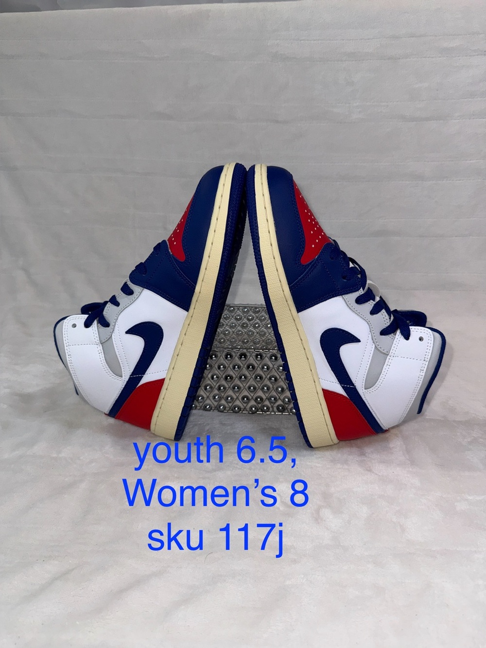 Air Jordan 1 mid High-Top 6.5 youth(GS) Sneakers in White, Deep Royal Blue & Red